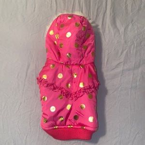 Cute little hooded pink puffer jacket with gold polk a dots for small dog.